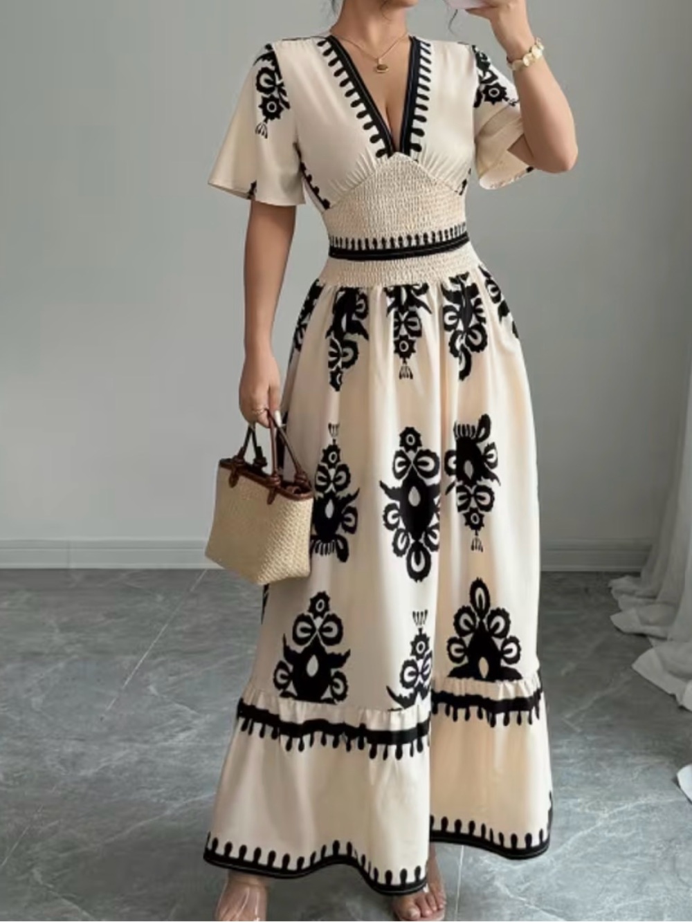 Cream and Black Embroidered V-Neck Maxi Dress